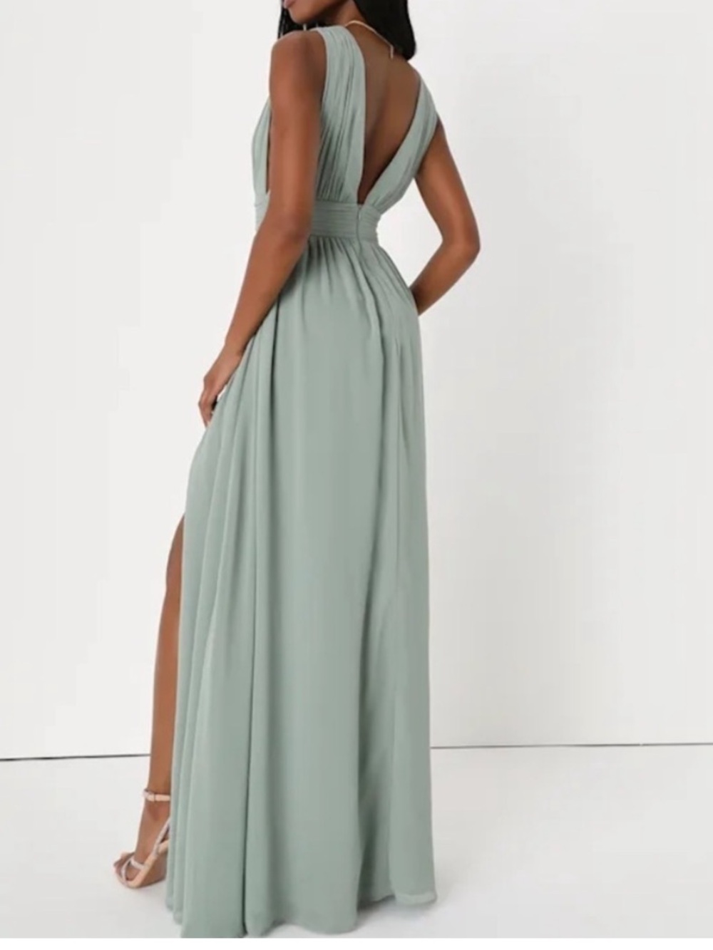 NWT Lulus Heavenly Hues Sage Brush Maxi Dress V Neck Plunge Neckline Size Small - Picture 4 of 5